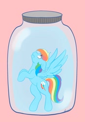 Size: 1423x2048 | Tagged: safe, artist:mscolorsplash, imported from derpibooru, rainbow dash, pegasus, pony, bipedal, female, floppy ears, frown, jar, lewd container meme, looking up, mare, pink background, pony in a bottle, simple background, solo, spread wings, the implications are horrible, this will end in death, wings