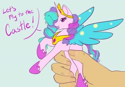 Size: 2048x1422 | Tagged: safe, artist:mscolorsplash, imported from derpibooru, princess celestia, alicorn, human, pony, green background, hand, let's fly to the castle, moderate dark skin, offscreen character, pinklestia, simple background, solo, toy