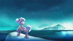 Size: 3840x2160 | Tagged: safe, artist:confetticakez, imported from derpibooru, oc, oc only, oc:snow shoes, pony, aurora borealis, female, iceberg, mare, night, night sky, ocean, sky, snowpony (species), solo, stars, taiga pony, water, yakutian horse