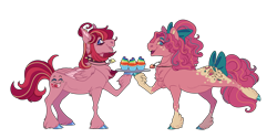 Size: 3000x1500 | Tagged: safe, artist:uunicornicc, imported from derpibooru, pinkie pie, oc, earth pony, pegasus, pony, fanfic:cupcakes, alternate design, bow, chest fluff, choker, cupcake, duo, earth pony oc, food, hair bow, holding, hoof hold, kinsona, pegasus oc, rainbow cupcake, raised hoof, simple background, spiked choker, tail, tail bow, transparent background