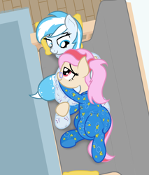 Size: 1700x2000 | Tagged: safe, artist:nitei, imported from derpibooru, oc, oc only, oc:snow frost, oc:understudy, earth pony, clothes, couch, cuddling, diaper, diaper fetish, diaper under clothes, duo, earth pony oc, female, fetish, footed sleeper, footie pajamas, love, non-baby in diaper, onesie, pajamas, sleeping
