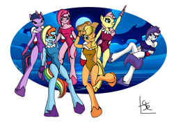 Size: 1065x750 | Tagged: safe, artist:dondaz75, imported from derpibooru, applejack, fluttershy, pinkie pie, rainbow dash, rarity, twilight sparkle, anthro, earth pony, pegasus, unicorn, clothes, floating, flying, jetpack, leotard, looking at you, one eye closed, smiling, unicorn twilight, wink, winking at you
