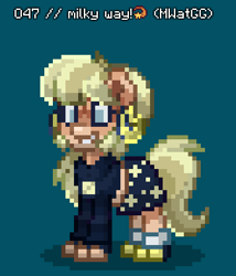 Size: 335x392 | Tagged: safe, imported from derpibooru, earth pony, pony, pony town, clothes, ear piercing, earring, female, jewelry, mare, milky way (milky way and the galaxy girls), milky way and the galaxy girls, piercing, ponified, shoes, skirt, smiling, stars, sweater, text