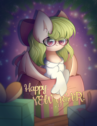 Size: 1800x2340 | Tagged: safe, artist:miryelis, imported from derpibooru, oc, oc only, bat pony, pony, bow, box, clothes, happy new year, holiday, looking at you, present, simple background, sitting, smiling, smiling at you, solo