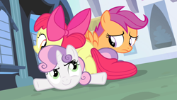 Size: 1280x720 | Tagged: safe, imported from derpibooru, screencap, apple bloom, scootaloo, sweetie belle, earth pony, pegasus, pony, unicorn, for whom the sweetie belle toils, season 4, cutie mark crusaders, female, filly, foal, oops, trio, trio female
