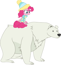 Size: 3000x3210 | Tagged: safe, artist:cloudy glow, imported from derpibooru, pinkie pie, bear, earth pony, polar bear, pony, best gift ever, .ai available, female, mare, ponies riding bears, riding, simple background, solo, transparent background, vector