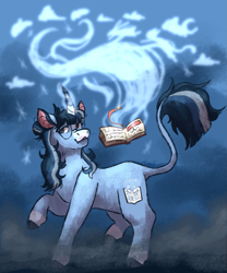 Size: 1509x1811 | Tagged: safe, artist:eonionic, imported from derpibooru, oc, oc:rainy morning, pony, unicorn, book, cloven hooves, curved horn, horn, leonine tail, magic, solo, tail, unicorn oc