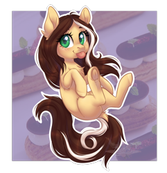 Size: 1612x1672 | Tagged: safe, artist:doekitty, imported from derpibooru, oc, oc:eclaire, earth pony, pony, earth pony oc, eclair, female, food, mare, solo, tongue out, underhoof