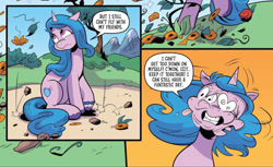 Size: 1984x1211 | Tagged: safe, artist:andypriceart, idw, imported from derpibooru, izzy moonbow, pony, unicorn, spoiler:comic, spoiler:g5comic, spoiler:g5comic08, bracelet, faic, female, friendship bracelet, frown, g5, great moments in not animation, head shake, jewelry, keep it together, leaves, mare, sad, smear frame, solo, tongue out, unshorn fetlocks, wat