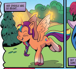 Size: 1642x1487 | Tagged: safe, artist:andypriceart, idw, imported from derpibooru, izzy moonbow, sunny starscout, alicorn, pony, spoiler:comic, spoiler:g5, spoiler:g5comic, spoiler:g5comic08, error, female, g5, glowing, glowing horn, happy, horn, magic, mare, offscreen character, open mouth, open smile, race swap, smiling, solo focus, sparkle, sunnycorn, unshorn fetlocks