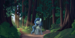Size: 3713x1911 | Tagged: artist needed, source needed, safe, imported from derpibooru, oc, oc only, oc:snowfall night, pony, unicorn, crepuscular rays, forest, horn, path, scenery, solo, unicorn oc