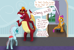 Size: 1500x1000 | Tagged: safe, artist:mightyshockwave, imported from derpibooru, garble, ocellus, smolder, changedling, changeling, dragon, butt, dialogue, dragoness, female, lesbian, makeup, male, mare, overprotective, plot, school of friendship, shipping, smolcellus, trio
