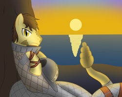 Size: 1250x1000 | Tagged: safe, artist:mightyshockwave, imported from derpibooru, oc, oc only, oc:copper belly, lamia, original species, armor, cliff, helmet, looking at you, ocean, slit pupils, sunset, water