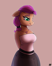 Size: 2000x2500 | Tagged: safe, artist:naen, imported from derpibooru, sunny starscout, anthro, earth pony, plantigrade anthro, breasts, busty sunny starscout, clothes, cute, dress, female, g5, jewelry, mare, necklace, simple background, smiling, solo, sunnybetes