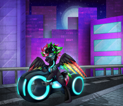 Size: 3297x2830 | Tagged: safe, artist:chvrchgrim, imported from derpibooru, oc, oc only, oc:krypt, cyborg, pegasus, city, cityscape, colored wings, cyberpunk, detailed background, futuristic, grin, lightcycle, motorcycle, multicolored hair, multicolored wings, neon, night, night sky, pegasus oc, piercing, road, sky, smiling, solo, spread wings, tron, tron legacy, visor, wings