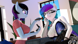 Size: 1920x1080 | Tagged: safe, artist:anthroponiessfm, imported from derpibooru, oc, oc:aurora starling, oc:maple cake, anthro, 3d, anthro oc, cute, eyes closed, female, glasses, looking at someone, makeup, smiling, source filmmaker, wholesome