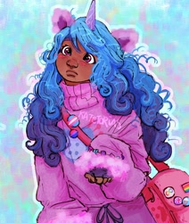 Size: 1800x2123 | Tagged: safe, artist:katetorias, imported from derpibooru, izzy moonbow, human, autism, bag, bisexual pride flag, blushing, cat ears, clothes, cute, cutie mark on clothes, dark skin, g5, horn, horned humanization, humanized, infinity symbol, izzybetes, moderate dark skin, pants, pride, pride flag, sweater, sweatpants, trans izzy, transgender, transgender pride flag