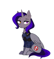 Size: 1817x1965 | Tagged: safe, artist:okity, imported from derpibooru, oc, oc only, oc:dinky moon, alicorn, pony, alicorn oc, armor, clothes, female, gray, heterochromia, horn, mare, military uniform, purple eyes, purple hair, security armor, simple background, solo, transparent background, uniform, wings, yellow eyes