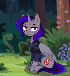 Size: 1817x1965 | Tagged: safe, artist:okity, imported from derpibooru, oc, oc only, oc:dinky moon, alicorn, pony, alicorn oc, armor, clothes, female, gray, heterochromia, horn, mare, military uniform, purple eyes, purple hair, security armor, uniform, wings, yellow eyes