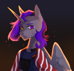 Size: 2238x2160 | Tagged: safe, artist:cutepoltergeist, imported from derpibooru, oc, oc only, oc:dinky moon, alicorn, pony, alicorn oc, armor, female, gray, heterochromia, horn, mare, purple eyes, purple hair, security armor, wings, yellow eyes