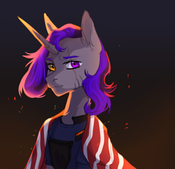 Size: 2238x2160 | Tagged: safe, artist:cutepoltergeist, imported from derpibooru, oc, oc only, oc:dinky moon, alicorn, pony, alicorn oc, armor, female, gray, heterochromia, horn, mare, purple eyes, purple hair, security armor, yellow eyes