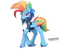 Size: 4093x2894 | Tagged: safe, artist:demonfox, imported from derpibooru, rainbow dash, pegasus, pony, clothes, cloven hooves, high res, jacket, looking at you, purple eyes, rainbow dash always dresses in style, shirt, signature, simple background, white background