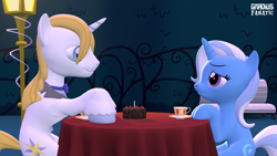 Size: 3413x1920 | Tagged: safe, artist:gradiusfanatic, imported from derpibooru, prince blueblood, trixie, unicorn, 3d, black forest cake, bluetrix, cake, canterlot, cup, female, food, high res, male, mare, shipping, source filmmaker, stallion, straight, table, teacup