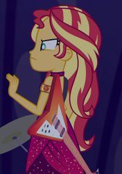 Size: 686x977 | Tagged: safe, imported from derpibooru, screencap, sunset shimmer, human, equestria girls, equestria girls series, spring breakdown, spoiler:eqg series (season 2), angry, cropped, cruise outfit, guitar, musical instrument, solo