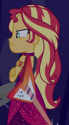 Size: 539x978 | Tagged: safe, imported from derpibooru, screencap, sunset shimmer, human, equestria girls, equestria girls series, spring breakdown, spoiler:eqg series (season 2), angry, cropped, cruise outfit, guitar, musical instrument, solo