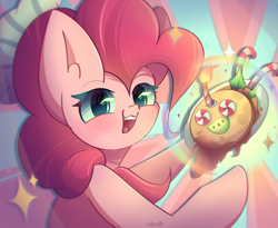 Size: 2200x1800 | Tagged: safe, artist:miryelis, imported from derpibooru, pinkie pie, earth pony, pony, candle, candy, candy cane, ear cleavage, food, happy, hat, hoof hold, looking at you, pancakes, pink hair, simple background, smiling, smiling at you, solo