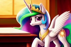 Size: 1920x1280 | Tagged: safe, derpibooru exclusive, editor:dovakkins, imported from derpibooru, princess celestia, alicorn, pony, ai content, ai generated, beautiful, concave belly, cute, female, generator:stable diffusion, jewelry, looking at you, mouthless, no mouth, raised hoof, slim, solo, sparkly mane, sparkly tail, spread wings, tail, thin, wings