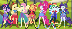 Size: 9865x3993 | Tagged: safe, artist:gmaplay, imported from derpibooru, applejack, fluttershy, pinkie pie, rainbow dash, rarity, sci-twi, sunset shimmer, twilight sparkle, human, comic:battle from friendship games, cheer you on, equestria girls, spoiler:eqg series (season 2), alternate hairstyle, belt, boots, clothes, cowboy hat, crossed arms, fingerless gloves, gloves, gorget, hand on hip, hat, high heels, humane five, humane seven, humane six, jewelry, knee-high boots, long gloves, motorcross, ponied up, ponytail, regalia, shoes, sleeveless, sneakers, stetson, super ponied up, sword, teeth, tiara, weapon