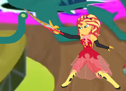 Size: 3922x2839 | Tagged: safe, artist:gmaplay, imported from derpibooru, sunset shimmer, human, comic:battle from friendship games, equestria girls, boots, clothes, gloves, motorcross, ponied up, shoes, solo, story included, sword, weapon