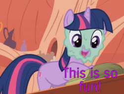 Size: 1280x978 | Tagged: safe, imported from derpibooru, screencap, twilight sparkle, pony, unicorn, look before you sleep, season 1, ^^, animated, bipedal, clapping, cropped, cute, eyes closed, female, gif, golden oaks library, mare, mud mask, solo, talking, text, twiabetes, unicorn twilight