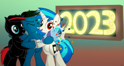 Size: 12384x6600 | Tagged: safe, artist:agkandphotomaker2000, imported from derpibooru, dj pon-3, vinyl scratch, oc, oc:arnold the pony, oc:pony video maker, pegasus, pony, unicorn, 2023, bipedal, canon x oc, confetti, female, folded wings, happy new year, happy new year 2023, holiday, male, neon, neon sign, open mouth, party popper, pegasus oc, red and black mane, red and black oc, red eyes, shipping, show accurate, simple background, smiling, spread wings, straight, videoscratch, wings