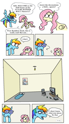 Size: 1830x3299 | Tagged: safe, artist:punkittdev, imported from derpibooru, part of a set, fluttershy, rainbow dash, pegasus, pony, chair, comic, dialogue, duo, eye contact, female, horsecomix, looking at each other, looking at someone, mare, meme, open mouth, playstation, poster, sleeping bag, speech bubble, squint, television, trollface