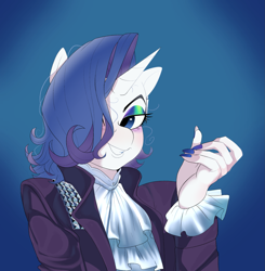 Size: 1853x1887 | Tagged: safe, artist:aztrial, imported from derpibooru, rarity, anthro, unicorn, spoiler:comic67, 80's fashion, 80s, 80s hair, alternate hairstyle, clothes, eyeshadow, fingernails, hair over one eye, jacket, looking at you, makeup, nail polish, prince (musician), ruffled shirt, ruffles, solo