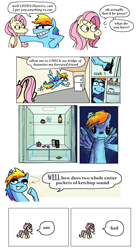 Size: 1939x3542 | Tagged: safe, artist:punkittdev, imported from derpibooru, part of a set, fluttershy, rainbow dash, pegasus, pony, :|, apple, comic, dialogue, duo, eye contact, female, flying, food, grin, horsecomix, leaf, looking at each other, looking at someone, mare, meme, monster energy, open mouth, open smile, realistic horse legs, refrigerator, smiling, speech bubble, thousand yard stare, trollface