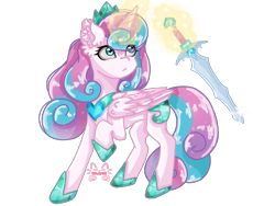 Size: 1024x768 | Tagged: safe, artist:niveria25, imported from derpibooru, princess flurry heart, alicorn, pony, armor, concave belly, crown, female, folded wings, glowing, glowing horn, hoof shoes, horn, jewelry, magic, magic aura, mare, older, older flurry heart, peytral, raised hoof, regalia, signature, simple background, solo, sword, telekinesis, transparent background, warrior flurry heart, weapon, wings