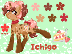 Size: 1024x768 | Tagged: safe, artist:niveria25, imported from derpibooru, oc, oc only, oc:ichigo, pony, unicorn, cake, cutie mark, demisexual, food, raised hoof, reference sheet, solo