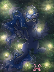 Size: 768x1024 | Tagged: safe, artist:niveria25, imported from derpibooru, princess luna, alicorn, firefly (insect), insect, pony, female, grass, lying down, mare, on back, solo, underhoof
