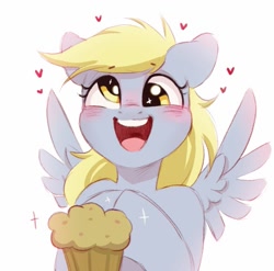 Size: 1003x991 | Tagged: safe, artist:melodylibris, imported from derpibooru, derpy hooves, pegasus, pony, blushing, cute, derpabetes, ear blush, female, food, happy, looking at you, mare, muffin, open mouth, open smile, simple background, smiling, smiling at you, solo, spread wings, that pony sure does love muffins, white background, wings