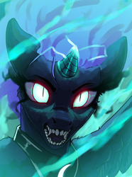 Size: 3120x4200 | Tagged: safe, artist:neither, imported from derpibooru, nightmare moon, fanfic:moonlit stranding, evil, glowing, glowing horn, horn, sharp teeth, solo, teeth