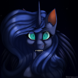 Size: 2000x2000 | Tagged: safe, artist:frazycoms, imported from derpibooru, nightmare moon, princess luna, fanfic:moonlit stranding, black background, glowing, glowing eyes, simple background, solo, staring at you