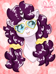 Size: 768x1024 | Tagged: safe, artist:niveria25, imported from derpibooru, oc, oc only, oc:niveria, pony, unicorn, :p, bust, ear fluff, glasses, heart shaped glasses, heterochromia, horn, patterned background, solo, sternocleidomastoid, tongue out, unicorn oc