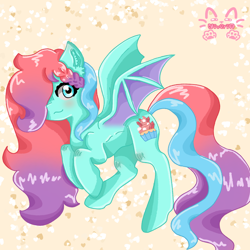 Size: 1280x1280 | Tagged: safe, artist:niveria25, imported from derpibooru, oc, oc only, pony, bat wings, patterned background, raised hoof, slim, solo, spread wings, watermark, wings