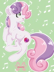 Size: 768x1024 | Tagged: safe, artist:niveria25, imported from derpibooru, sweetie belle, pony, unicorn, blushing, ear fluff, female, green background, mare, music notes, older, older sweetie belle, outline, patterned background, simple background, smiling, solo, watermark, white outline