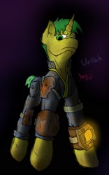 Size: 1135x1820 | Tagged: safe, artist:kage, imported from derpibooru, oc, oc:uriah, pony, unicorn, fallout equestria, clothes, jumpsuit, pipbuck, solo, sternocleidomastoid, vault suit