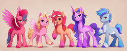 Size: 5000x2000 | Tagged: safe, artist:luminousdazzle, imported from derpibooru, hitch trailblazer, izzy moonbow, pipp petals, sunny starscout, zipp storm, earth pony, pegasus, pony, unicorn, adorapipp, adorazipp, alternate design, alternate hairstyle, bandana, blank flank, curly hair, cute, feathered fetlocks, female, frown, g5, goggles, gradient hooves, high res, looking at you, male, mane five (g5), mare, markings, royal sisters (g5), siblings, simple background, sisters, smiling, splotches, stallion, unshorn fetlocks, what could have been