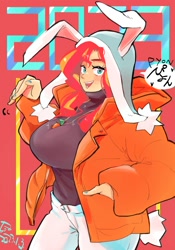 Size: 1400x2000 | Tagged: safe, artist:sozglitch, imported from derpibooru, sunset shimmer, human, 2023, big breasts, breasts, bunny ears, busty sunset shimmer, cap, clothes, female, hand in pocket, happy new year, happy new year 2023, hat, holiday, huge breasts, humanized, jacket, looking at you, smiling, smiling at you, solo, year of the rabbit